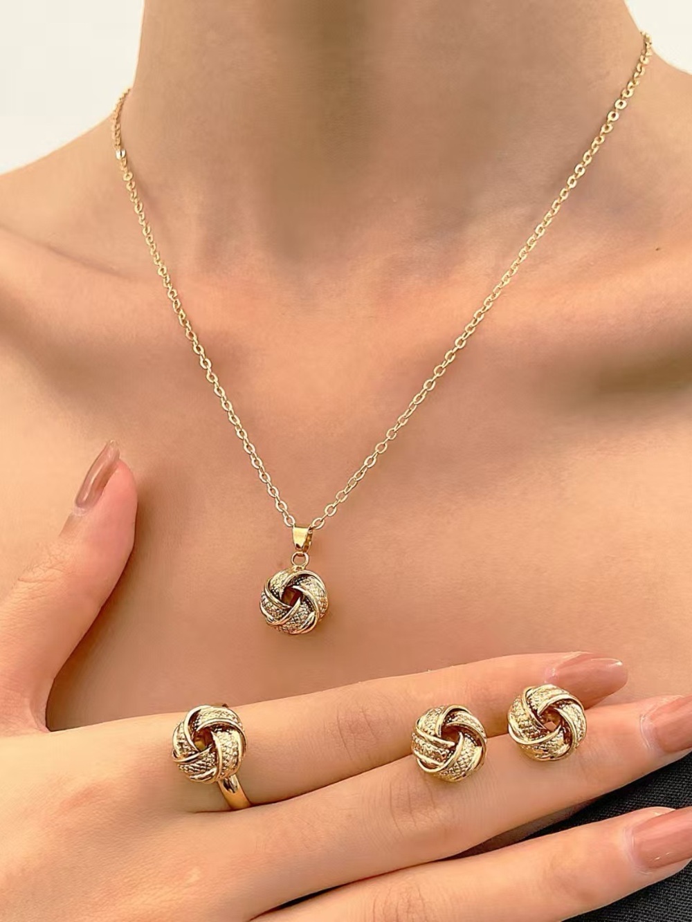 Gold Knot Necklace, Ring & Earring Set - Womens Fashion Jewelry